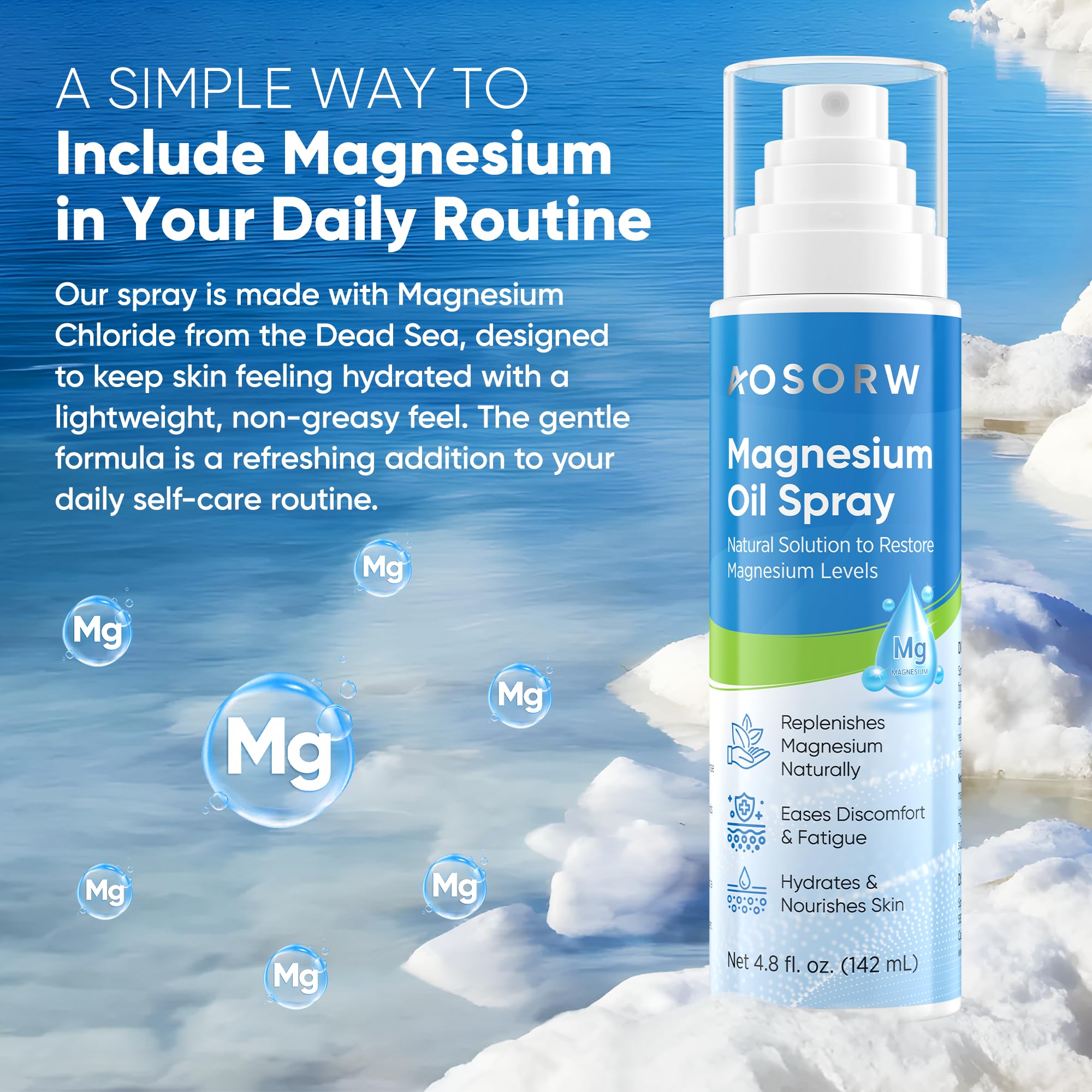 AOSORW Pure Magnesium Oil Spray - Natural Topical Magnesium for Nighttime Comfort Sleep - Non-Greasy for Feet, Hands and Body (4.8 Fl Oz (Pack of 1))