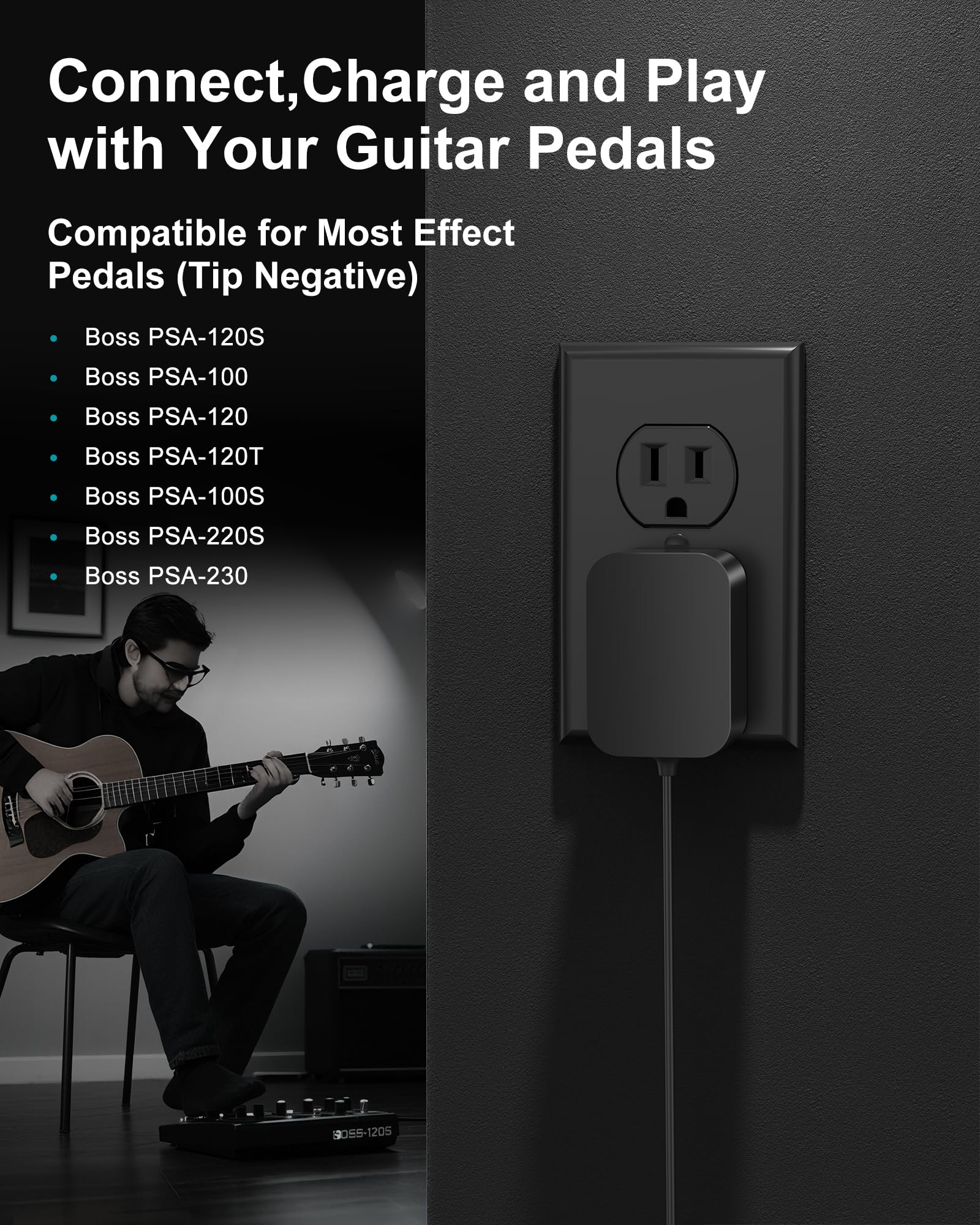 WUKUR 9V Power Supply for Guitar Pedals,Compatible with Boss PSA Adapter 9V DC for Pedals Like ME-80 ME-70 ME-25 GT-100 GT-1 GT-10 BR-80 RC-1 RC-3,5.9FT/1.8M Guitar Pedal Power Cable for Effects