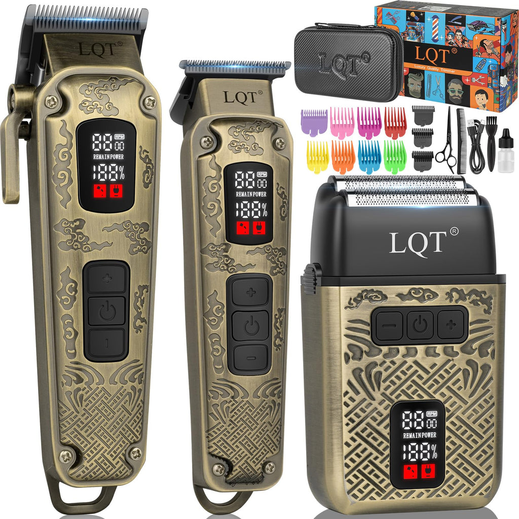 LQT Professional Hair Clippers&Trimmers Set for Men - Waterproof Cordless Electric Hair Clipper, 3-Speed Beard Trimmer&Foil Shaver with LED Battery Display - Gift for Men, Barber&Home Use (Bronze)