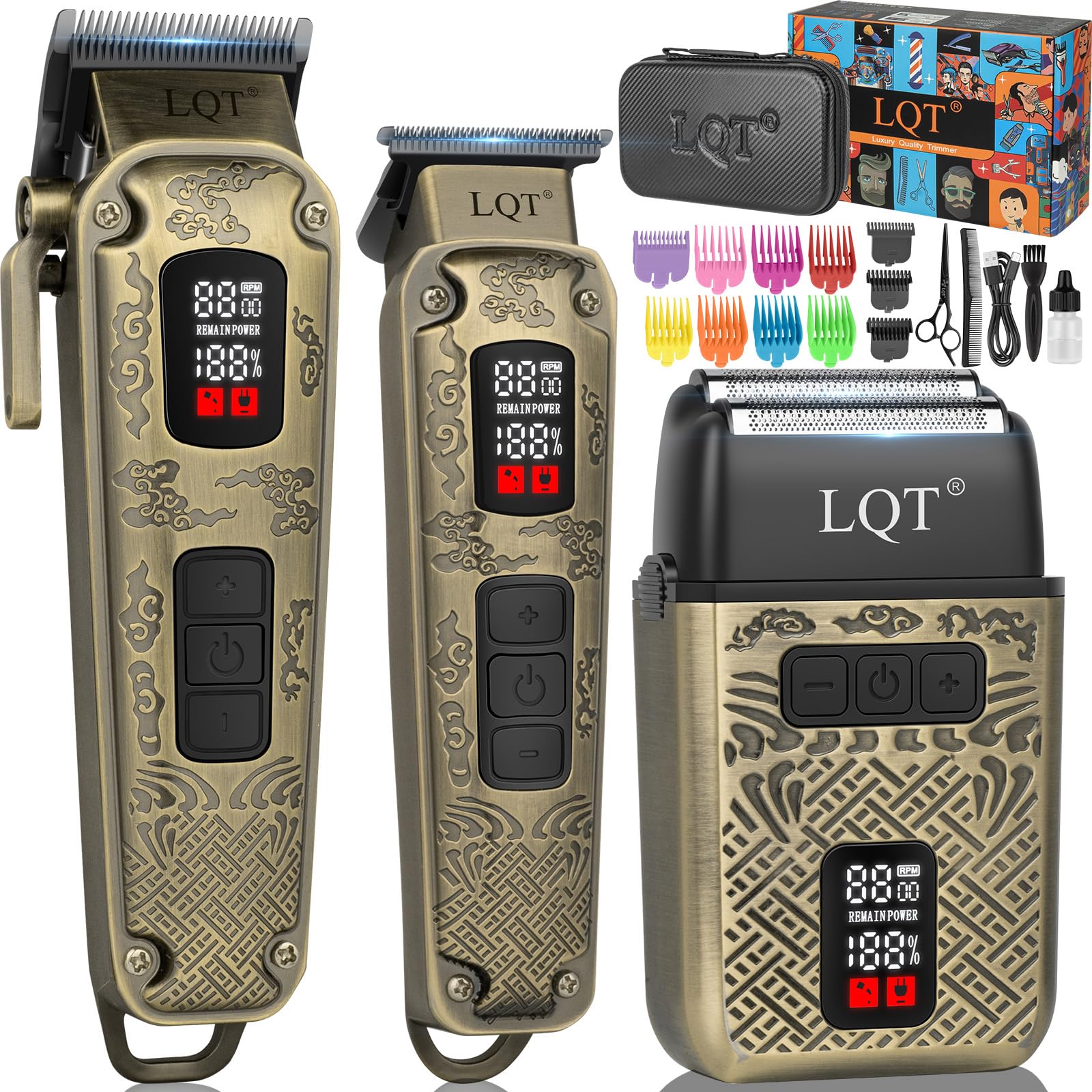 LQT Professional Hair Clippers&Trimmers Set for Men - Waterproof Cordless Electric Hair Clipper, 3-Speed Beard Trimmer&Foil Shaver with LED Battery Display - Gift for Men, Barber&Home Use (Bronze)
