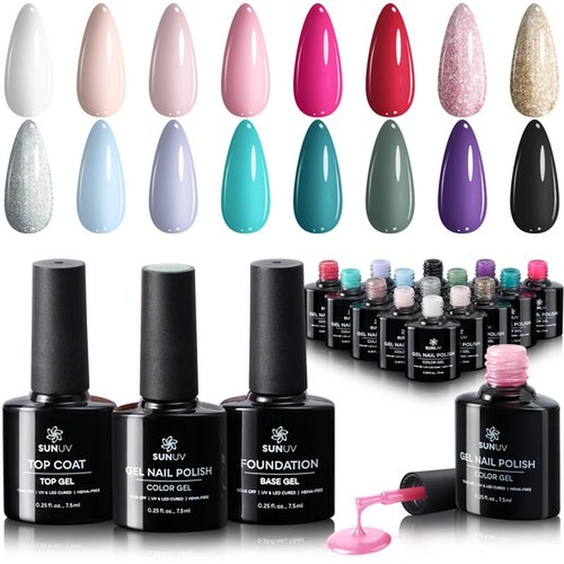 SUNUV 16 Color Gel Nail Polish Kit with Base Top Coat,White Black Pink Nude Silver Glitters Gel Polish Set, Manicure Set Salon DIY Home Gift