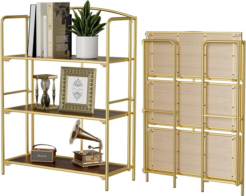 Crofy Folding Bookshelf - 3-Tier Gold Collapsible Bookcase for Living Room & Home Office Storage