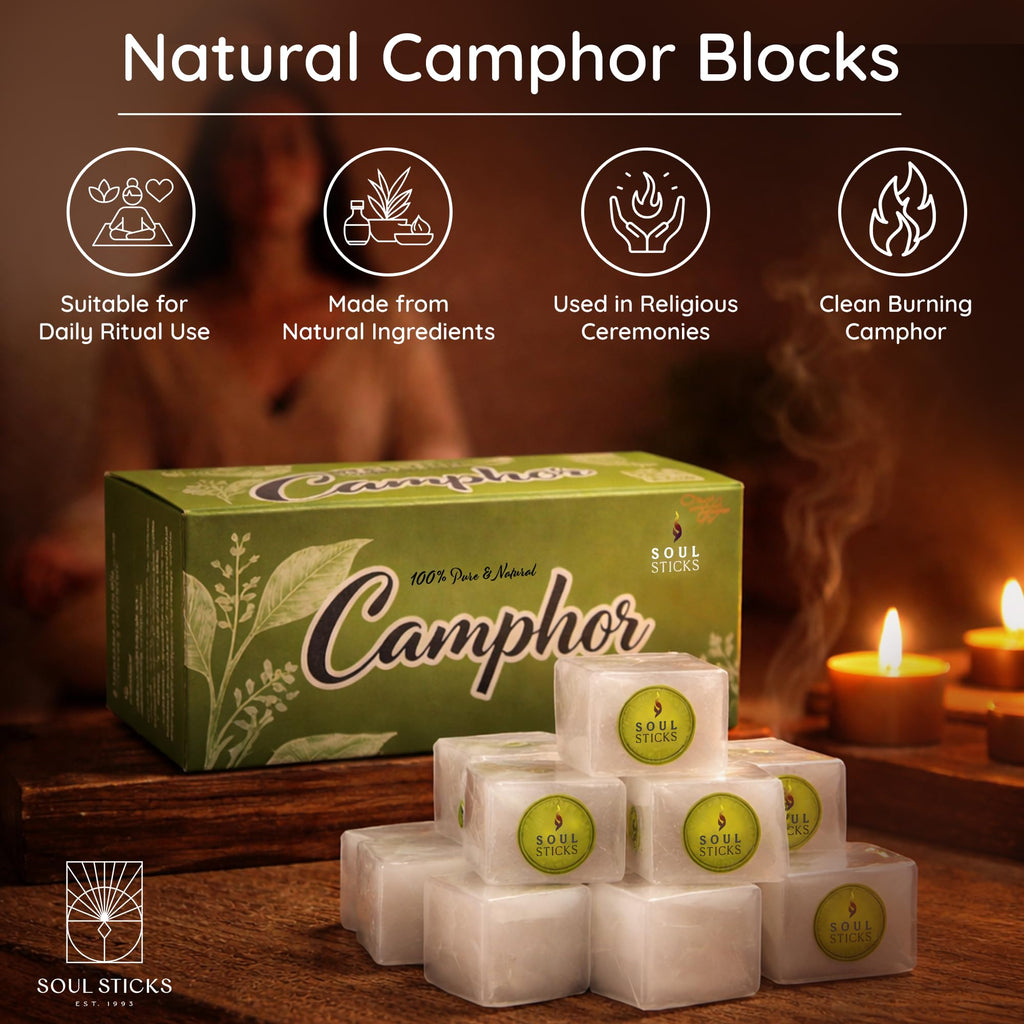 SOUL STICKS Natural Camphor Blocks,Pure Camphor Tablets for Aromatherapy & Puja - Alcanfor en Bloques, Alcanfor en Bolitas, Kapoor for Pooja (150 Grams (32 Tablets))