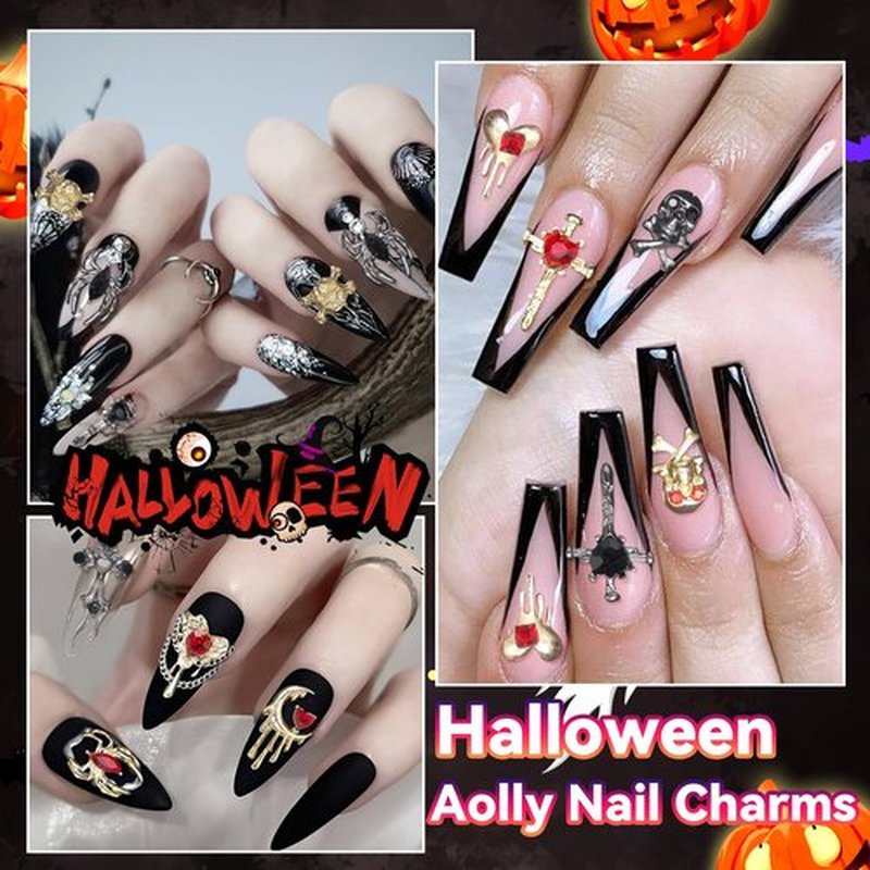 54 PCS 24Styles Halloween Nail Charms, 3D Gold Black Alloy Spider Skull Nail Rhinestones Charms Vintage Gothic Retro Nail Art Charms, Dark Cross Moon Heart Nail Gems and Charms Nail Accessories
