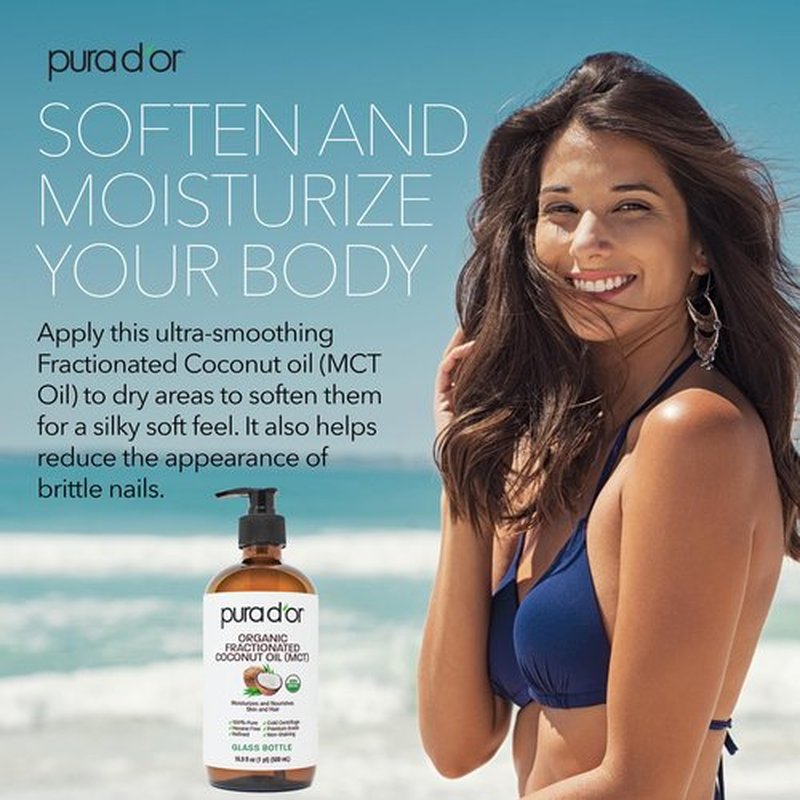 PURA D'OR 16.9 Oz ORGANIC Fractionated Coconut Oil (GLASS BOTTLE) USDA Certified MCT Oil – Therapeutic, Lightweight Moisturizer – Hexane Free Carrier Oil For Essential Oils, Massage – Face, Hair, Body