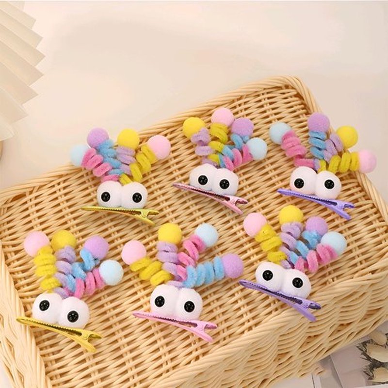 MIUPOO Fluffy Pom Poms Hair Clips,Crazy Hair Day Accessories for Girls,Quirky Little Monster Barrettes,Plush Duckbill Hairpins Hair Barrettes,Party Modeling Hair Accessories,2 Pieces,Pink eyes