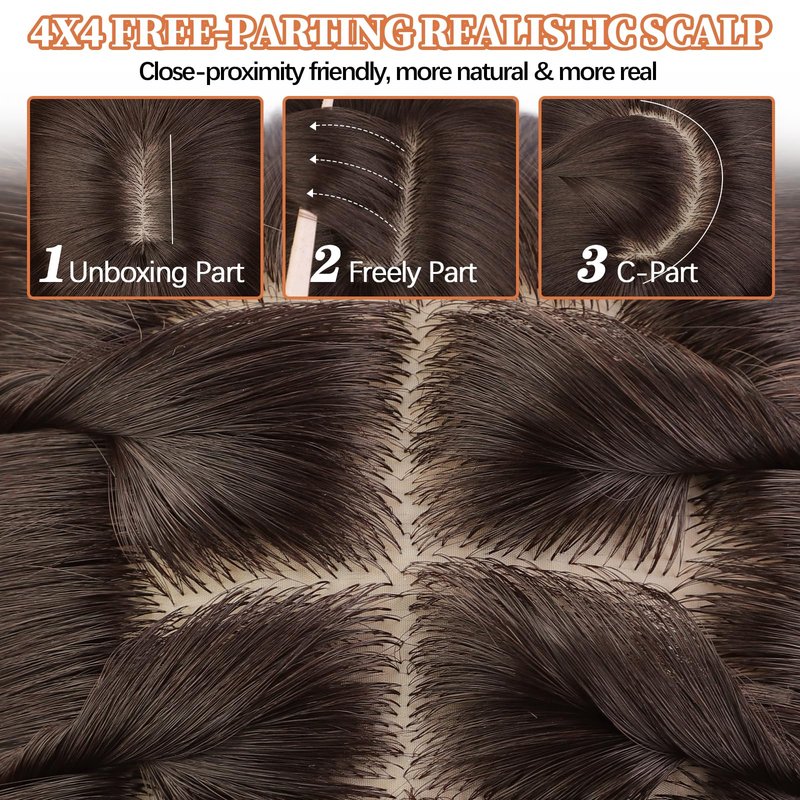 XIXIBI Brown Wigs with Bangs for Women, 4x4 Realistic Scalp Layered Curly Wavy Synthetic Wigs, Free Parting Natural Looking Heat Resistant Wig for Daily Party Use 18Inch