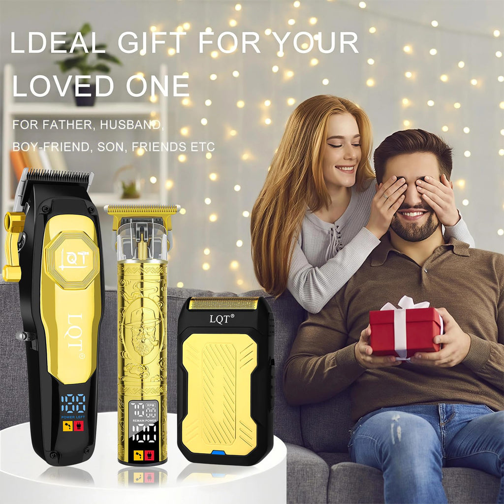 LQT Professional Cordless Hair Clippers for Men, Rechargeable Barber Clipper and Beard Trimmer Set with T-Blade, Adjustable Lever, LED Display,Haircut Trimmer Kit for Home & Barbers,Gold,Gift for Men