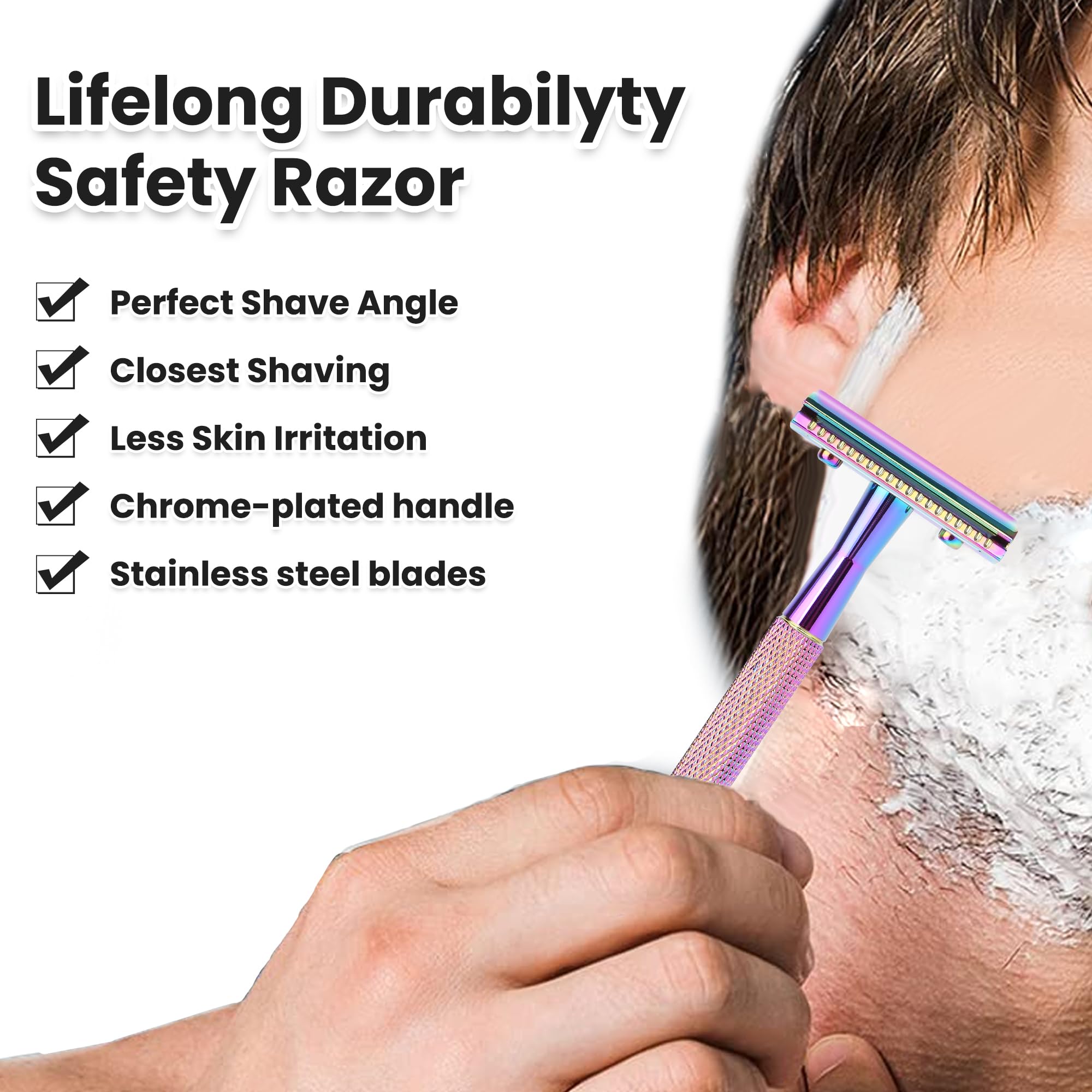 Keropy One Blade Safety Razor With Stand and 10 Premium Stainless Steel Reusable Safety Razor For Men and Women, Single Blade Safety Razors, Rainbow