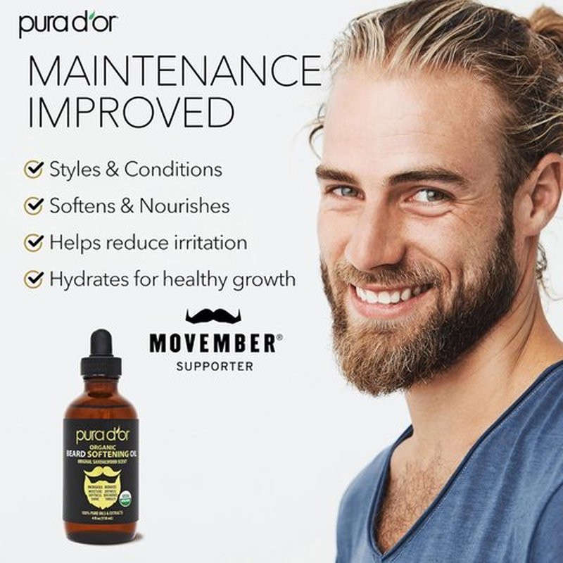 PURA D'OR Organic Beard Softening Oil - Original Sandalwood Scent - Leave-In Conditioner with Argan & Jojoba Oil - 4 Oz