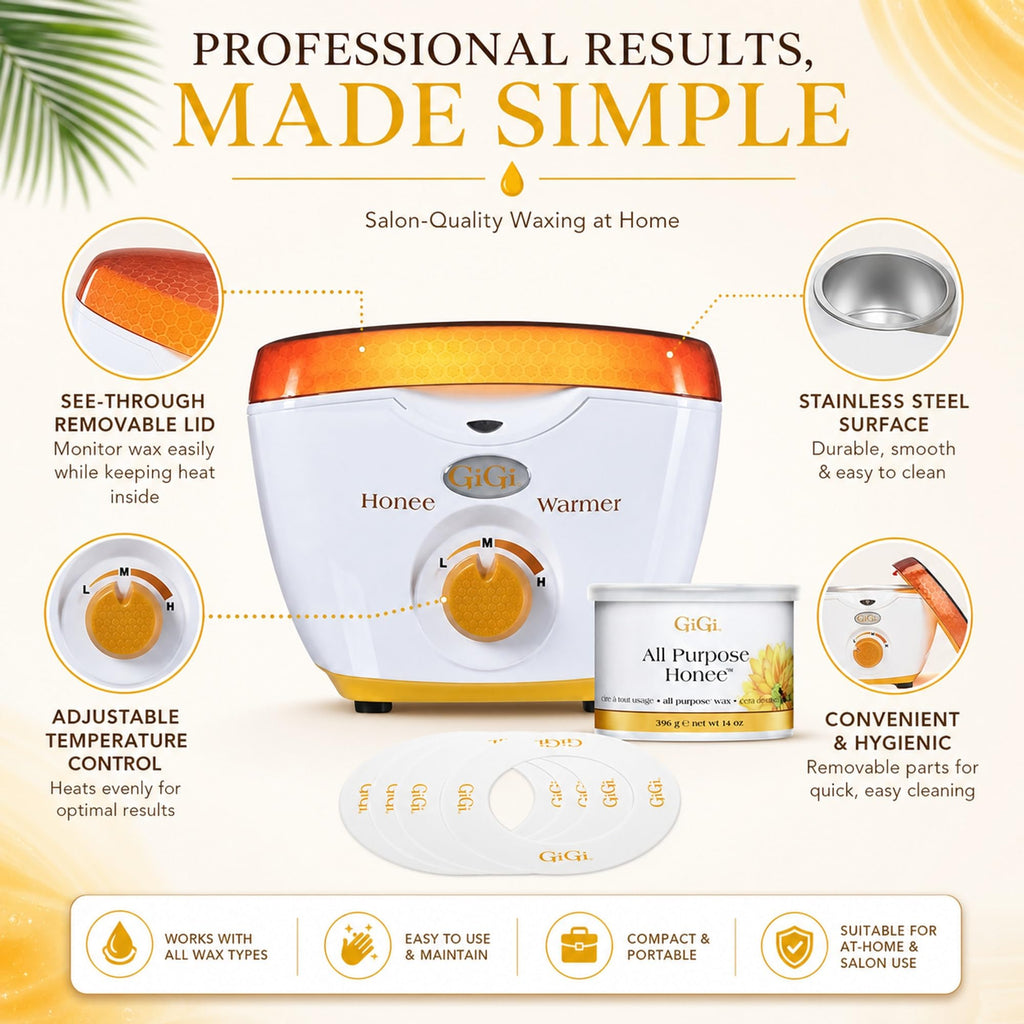 GiGi Wax Warmer for Hair Removal, Face and Body Depilatory Kit with All-Purpose Honee Wax and 10 Collars, Adjustable Temperature, 14 oz