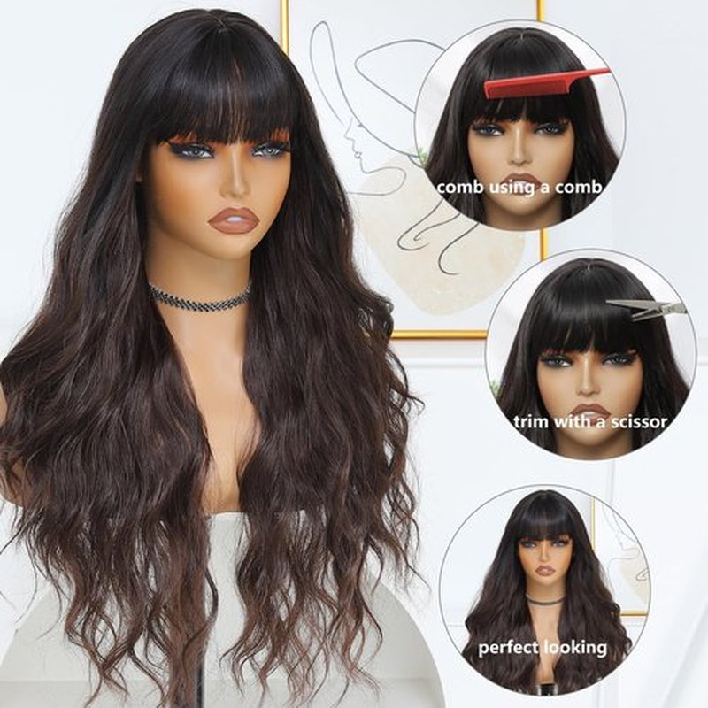 BEAUTIFA Dark Brown Wig for Women, Long Brown Wavy Wig with Bangs 26 Inch Wigs Natural Looking Heat Resistant Synthetic Wig for Daily Party Use