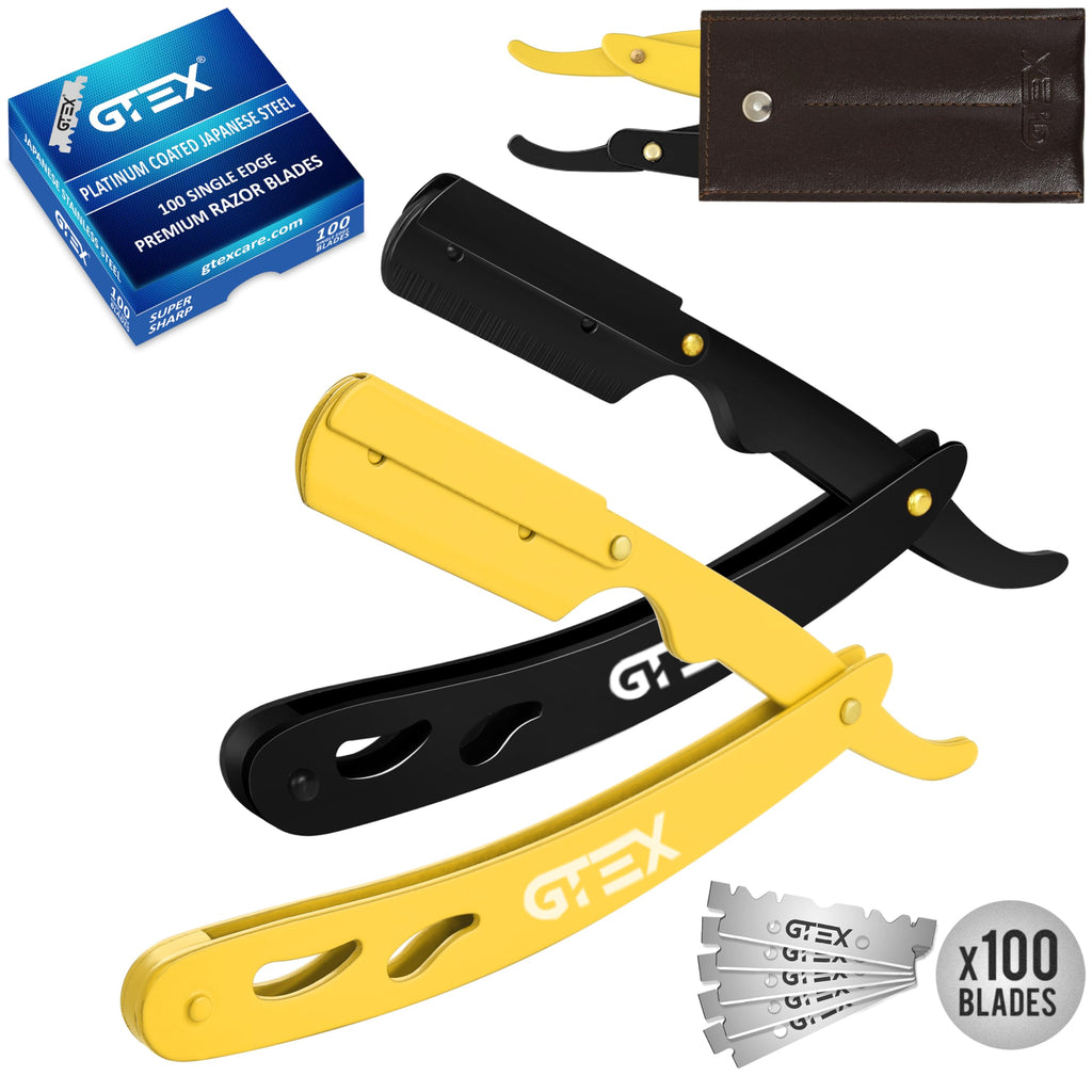 2 Straight Razor For Men (Yellow Black), 100 GTEX Premium Blades (Japanese Steel) - 2Pack Straight Edge With 100 Platinum Blades - Navajas Para Barbero - Barber For Men, Beard