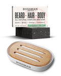 Bossman Men's 4-in-1 Bar Soap for Men + White Soap Dish Bundle – 4 oz Bar with Eucalyptus & Tea Tree Scent + Ceramic Base with Bamboo Tray
