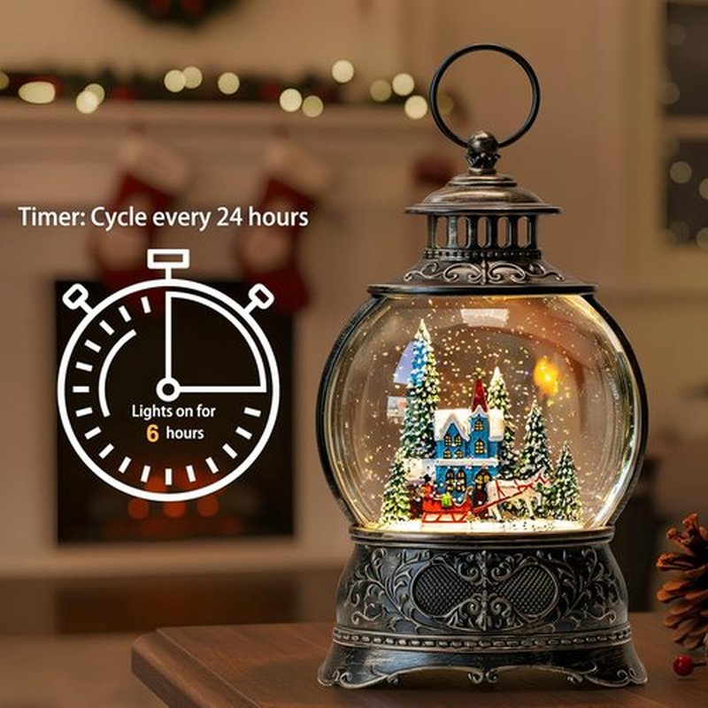 Regine Switzerland Christmas Snow Globe - Musical Water Lantern with Carriage & Timer | USB/Battery Operated