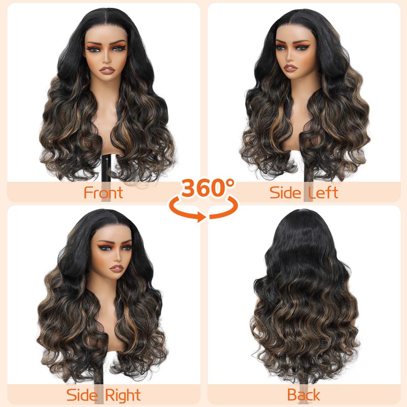 Walsdi Glueless 5x5 HD Lace Front Wig Synthetic Body Wave 28 Inch Ready to Wear Honey Blonde Highlights Black Roots Pre Cut Lace Closure Wig for Women Beginner Friendly Easy Install