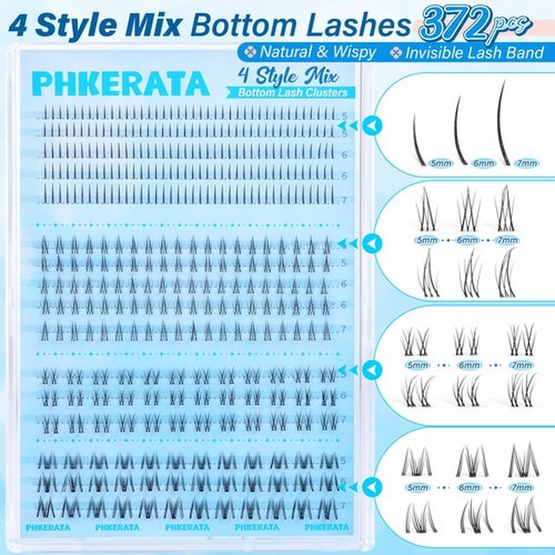 PHKERATA 4 Style Bottom Lashes Natural Bottom Lash CLusters Lower Manga Eyelash Clusters 372pcs Anime Fairy Individual Lashes Bottoms DIY Eyelash Extensions, 5-7mm