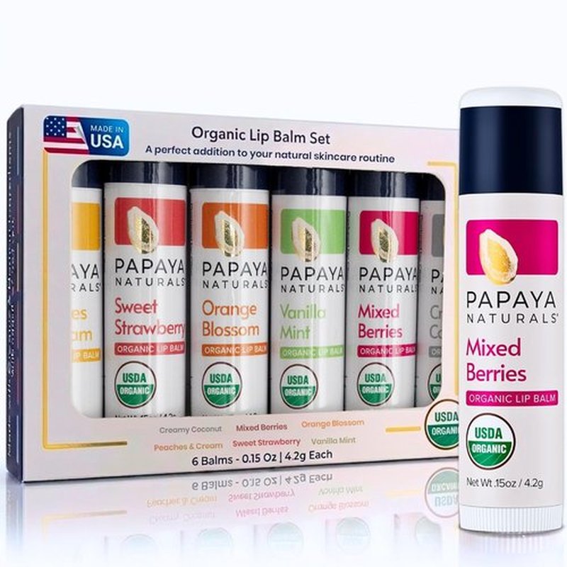 Papaya Naturals Organic Lip Balm Set - 6 Pack of Beeswax, Cocoa Butter & Vitamin E for Dry Lips | Moisturizing Fruit Flavors