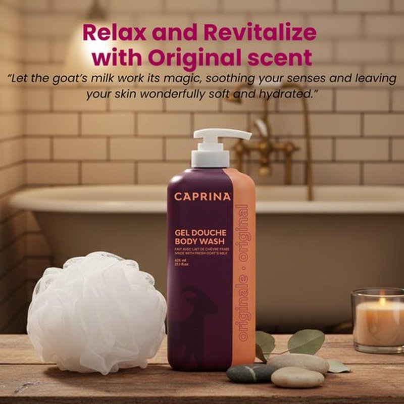 Caprina Fresh Goat’s Milk Body Wash, ORIGINAL Formula, 625 ml, Moisturizing Cleanser for Normal Skin, Gentle Daily Hydration