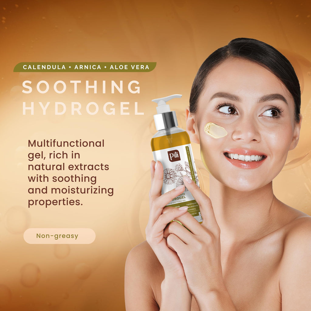 Pili Hydrogel | Face and body Skin Soothing Gel with Arnica, Calendula, Centella Asiatica and Aloe Vera extracts | Multi use calendula gel | Parabens and Alcohol Free | (8.8 Ounce (Pack of 1))