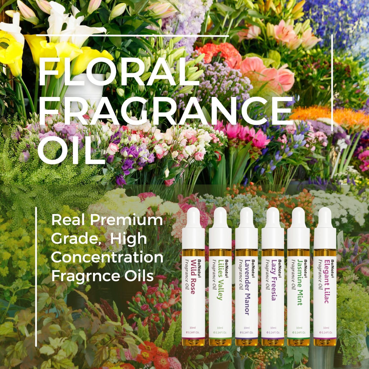 Benatu Summer Premium Fragrance Oils Set for Diffuser, Candle, Soap Making - Fruity Scents Aromatherapy Perfume Oil Gift for Home (Lime Basil, Cucumber, Peach, Strawberry, Melon, Blackberry Bay) 6 Pcs