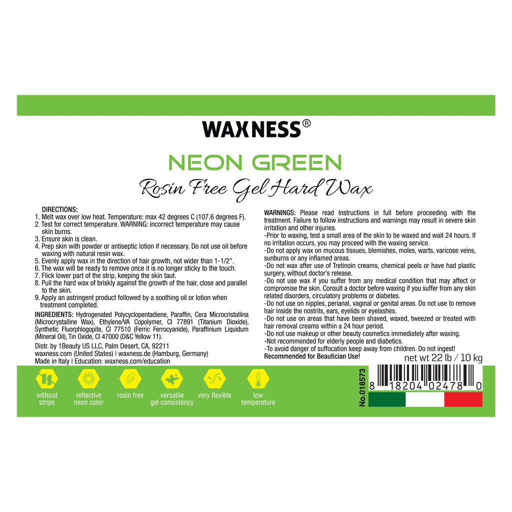 Waxness Neon Series Green Hard Wax Beads Bulk 22 lb (10 kg) – Rosin-Free Stripless Hard Wax with Gel Texture and High Visibility, Salon Use – Made in Italy