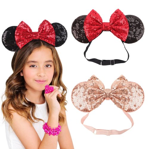 DRESHOW Minnie Ears Headbands Mouse Ears Sequin Bow Headbands Elastic Adjustable Headband Glitter Party Decoration Cosplay Costume for Women