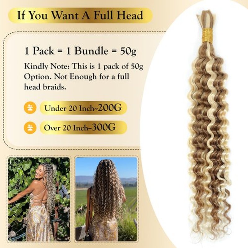 Syrenlore Ombre 27/613 Curly Braiding Hair Deep Wave Human Hair Bulk for Boho Braids, Highlighted Multi-Blonde Braiding Human Hair, No Weft Blonde Extensions 14 Inch 50G LIGHT BULK