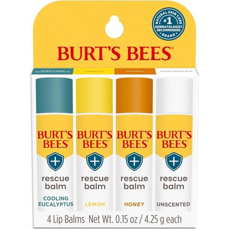 Burt's Bees Natural Rescue Lip Balm - Cooling Eucalyptus & Lemon - 4 Tubes, Unscented