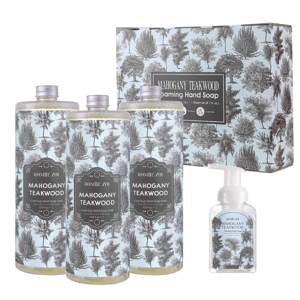 ROMIIE ZOI Foaming Hand Soap Refill Gift Set – Teakwood Scent – 3 Pack (1000ML Each) with Dispenser – Gentle & Moisturizing Plant-Based Formula – Bulk Refill Bottles for Bathroom & Kitchen Use