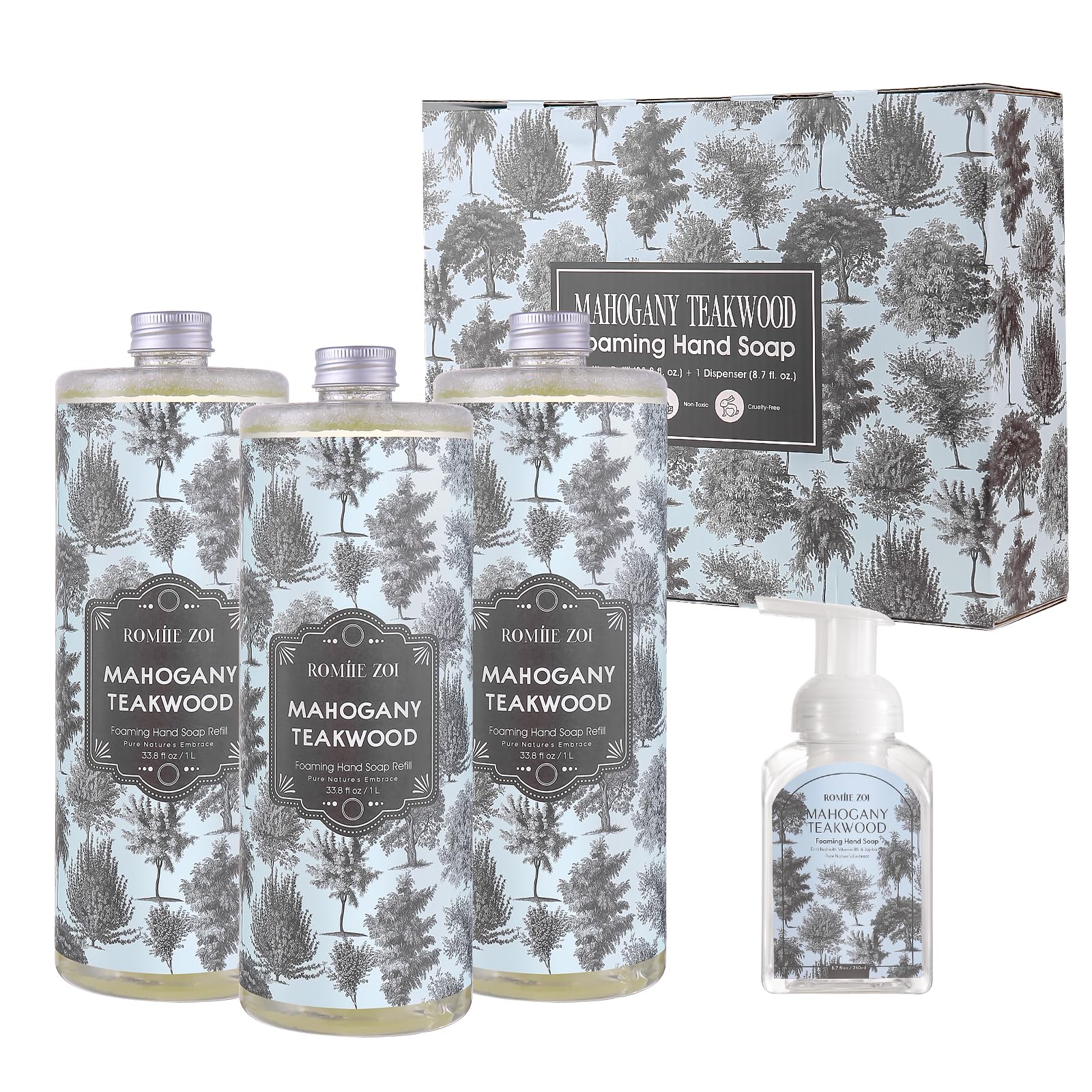 ROMIIE ZOI Foaming Hand Soap Refill Gift Set – Teakwood Scent – 3 Pack (1000ML Each) with Dispenser – Gentle & Moisturizing Plant-Based Formula – Bulk Refill Bottles for Bathroom & Kitchen Use
