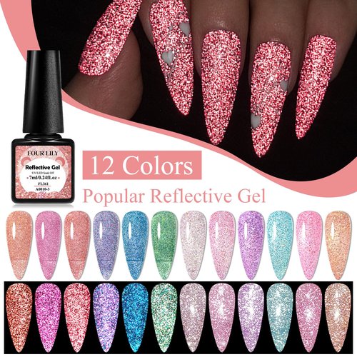 Four Lily Reflective Glitter Gel Polish 12 Colors Sparkle Gel Nail Polish Set Diamond Shine Pink Purple Red Holographic Glitter Gel Soak off Uv LED Manicure Gifts for Women