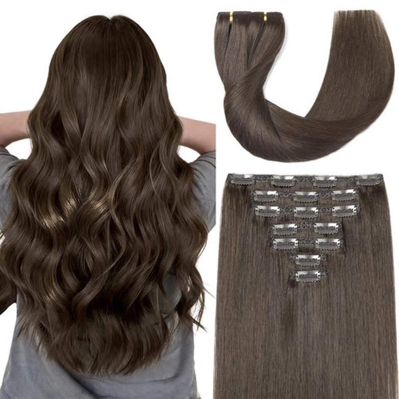 FINATA Clip in Hair Extensions Real Human Hair, 20 Inch 120g 7pcs Triple Weft Remy Hair Extensions, #2C Cold Light Brown, Seamless & Thick End