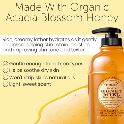 Perlier – Honey Bath Cream, 16.9 oz – Nourishing Italian Honey Bath & Shower Cleanser, Moisturizing Body Wash for Silky Soft Skin, Rich Creamy Lather with Natural Humectants
