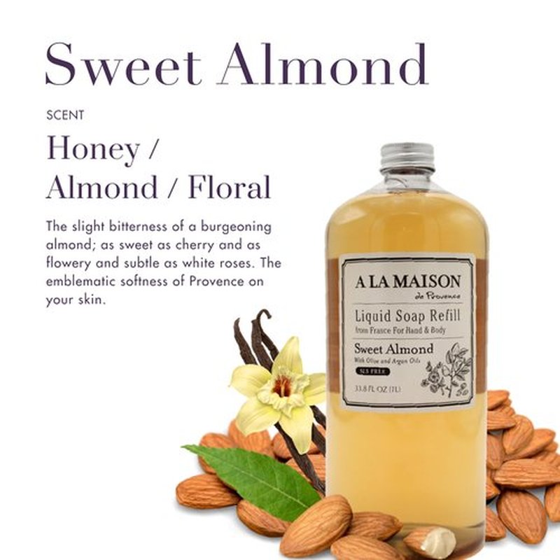 A LA MAISON Sweet Almond Natural Hand Wash Made with Essential Oils - Biodegradable, Plant-Based, Vegan, Cruelty-Free (33.8 Fl Oz Refill, 2 Pack)