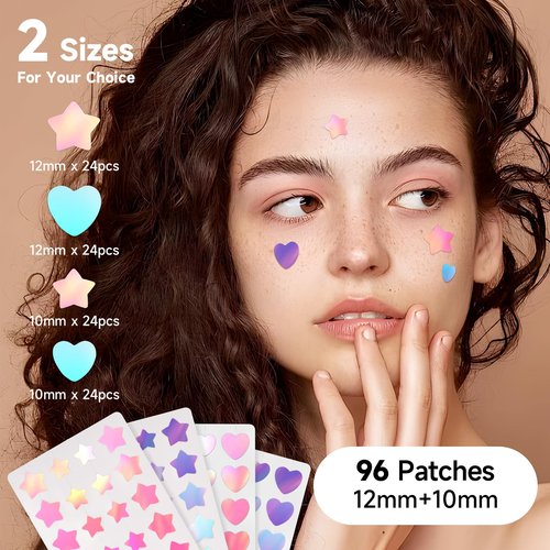 Dazzlook Star Pimple Patch with Salicylic Acid Tea Tree Oil & Centella Asiatica, Hydrocolloid Pimple Stickers Iridescent Colors 96 Pcs 2 Sizes, Cute Star Heart Shaped Zits Blemishes Breakouts Patches