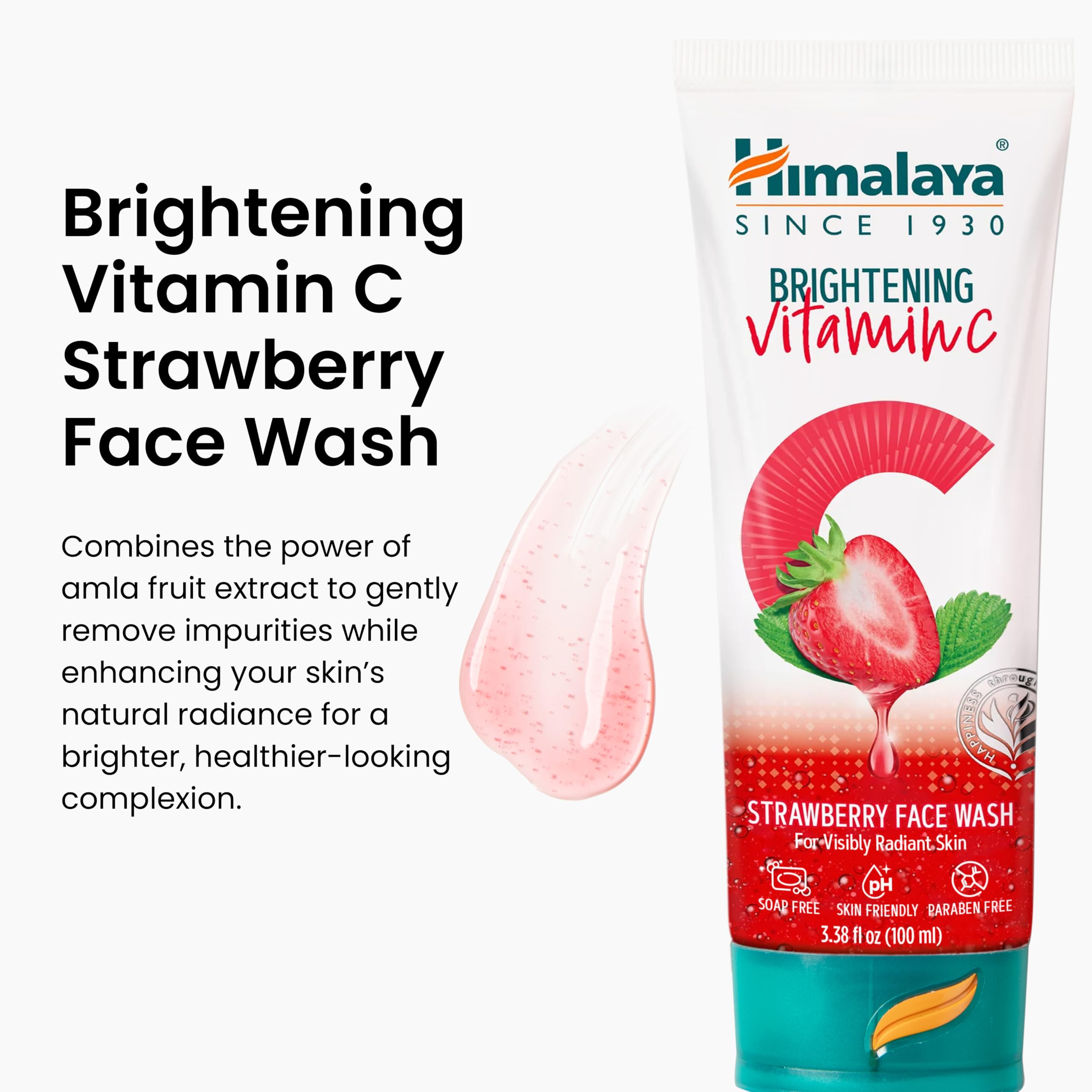 Himalaya Brightening Vitamin C Strawberry Face Wash, with Cellulose Beads & Amla Fruit Extract for Visibly Radiant Skin, Gentle Cleansing Formula, 3.38 fl oz (100 mL)