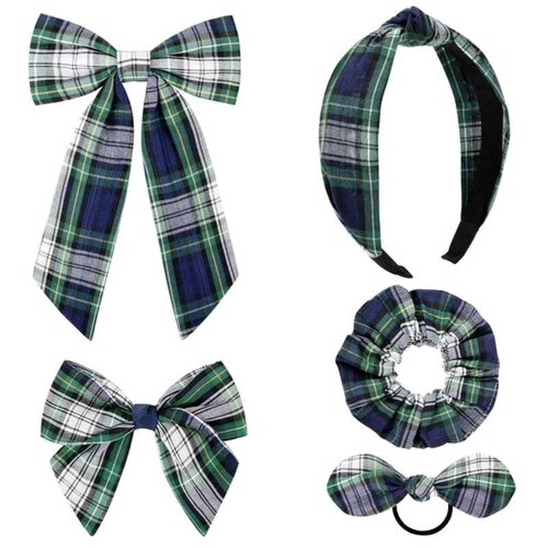 DEEKA 5 Styles Uniform Long Tail Hair Bows Knotted Headband Scrunchies Bow Set Alligator Clips Back to School Accessories for Toddler Little School Girls (Green, Navy, White&Yellow 5 Styles)