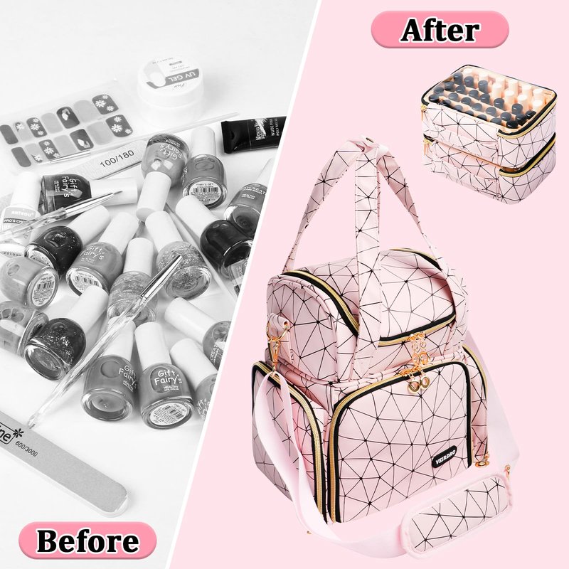Veirdro Nail Polish Organizer Bag - PU Leather Shoulder Storage with 2 Removable Cases and Nail Lamp, Holds 70 Bottles - Portable Travel Backpack for Nail Tech Supplies (Pink)