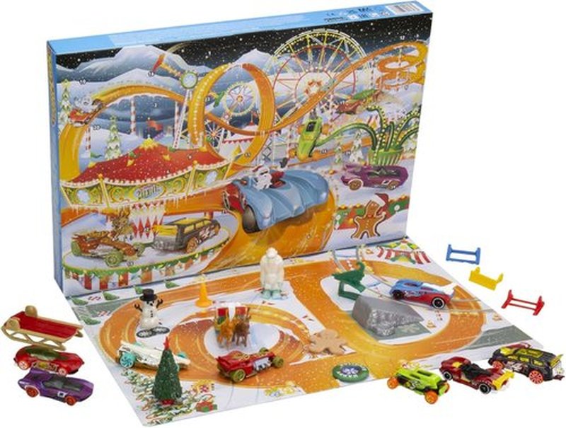 Hot Wheels 2022 Advent Calendar - 8 1:64 Scale Toy Cars with 16 Holiday Accessories & Playmat