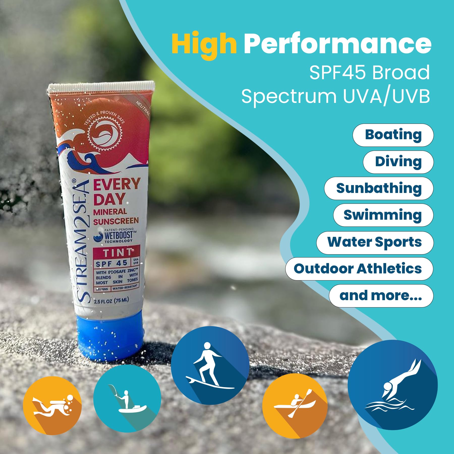 STREAM 2 SEA Every Day Tint Mineral Sunscreen SPF 45 Broad Spectrum — No White Cast | Reef Safe, Biodegradable, EWG Verified | Zinc Oxide Dewy Makeup Base, Water Resistant | Face & Body 2.5 Fl Oz