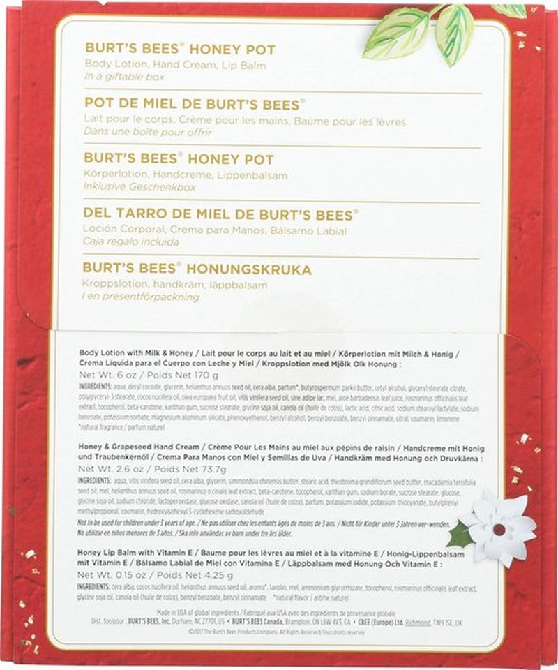 Burt's Bees Honey Pot Gift Set - Nourishing Skin Care Trio with Body Lotion, Hand Cream & Lip Balm