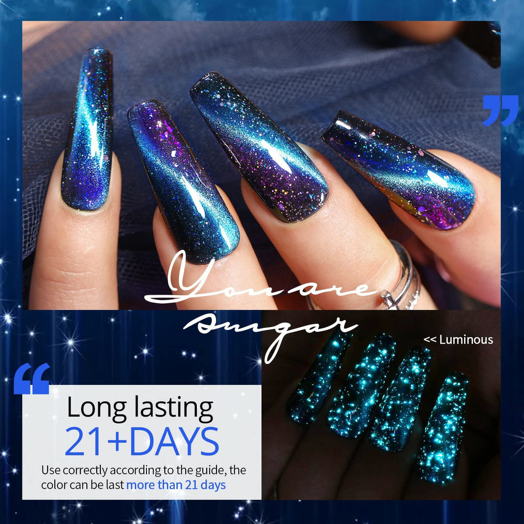 UR SUGAR Glitter Gel Nail Polish Set, 6 Colors Glitter 9D Cat Magnetic Eye Black Nail Polish Color Changing Gel Polish Kit Hot Pink Purple Gold Colors Soak Off Nails Kit Manicure Gift for Women
