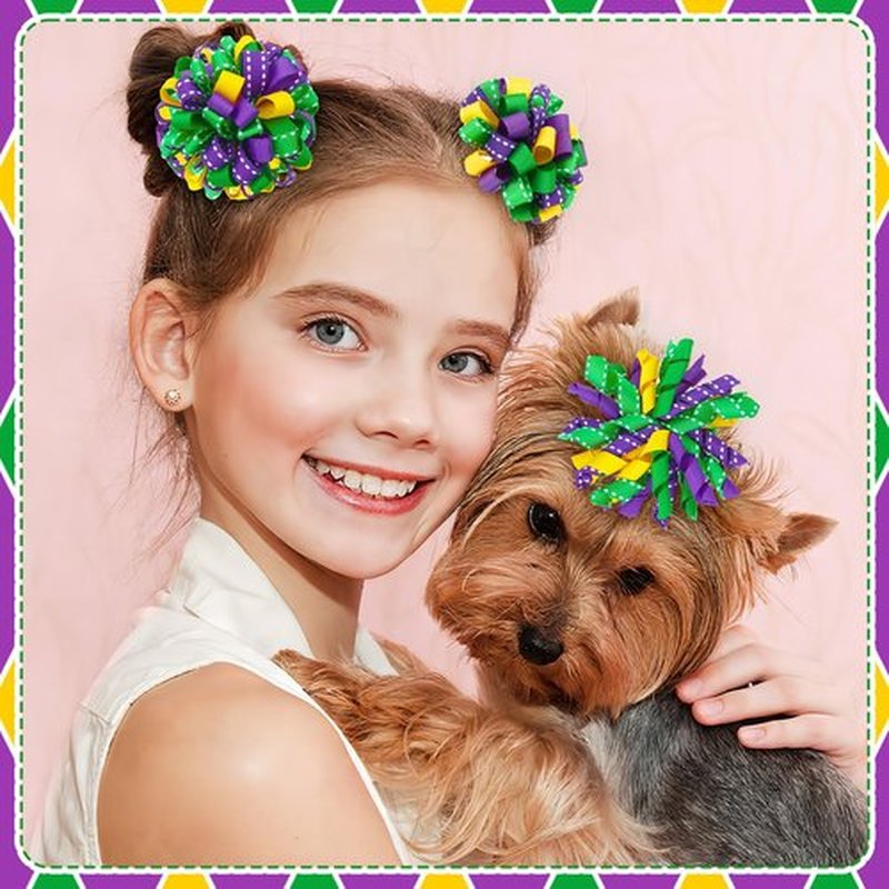 JUNEBRUSHS Mardi Gras Hair Bows Clips for Girls, Curly Bows with Alligator Clips, Purple Yellow Green Ribbon Hair Clip, Mardi Gras Accessories Favor Gifts for Girls