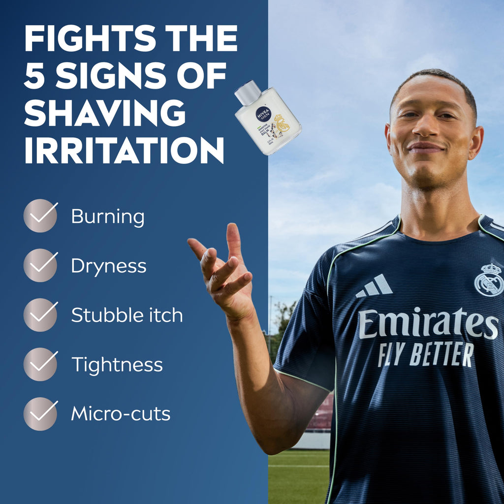 NIVEA MEN Real Madrid Limited Edition Design Sensitive Post Shave Balm, with VitaminPro Complex, Alcohol Free After Shave Balm for Men, 3.3 Fl Oz Bottle, Pack of 12