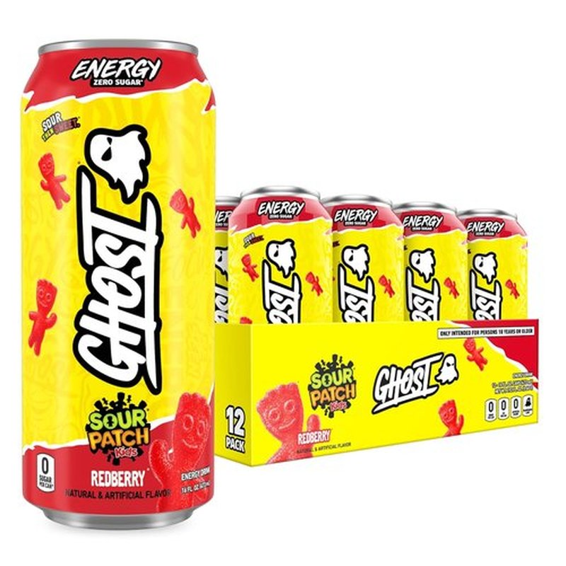 GHOST Energy Drink - Sour Patch Kids Redberry Flavor, 16oz | 12-Pack - Natural Caffeine & Vegan Friendly