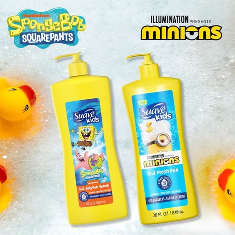Suave Kids 3-in-1 Variety 2-Pack –Minions Fresh Fun + Spongebob Square Pants Jelly Fish Splash Tear-Free Shampoo, Conditioner & Body Wash, 28 Oz Each