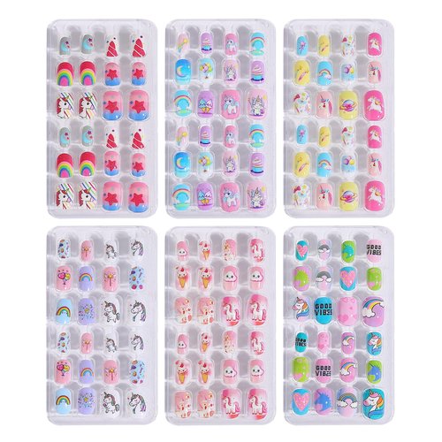 144pcs Press on Nails for Kids,6 Pack Lovely Kids Press on Nails for Girls 8-12 Years,Pre-glue Fake Nails for Children,Artificial Full Cover Short Acrylic False Nail Tips Art Kits Gifts for Girls