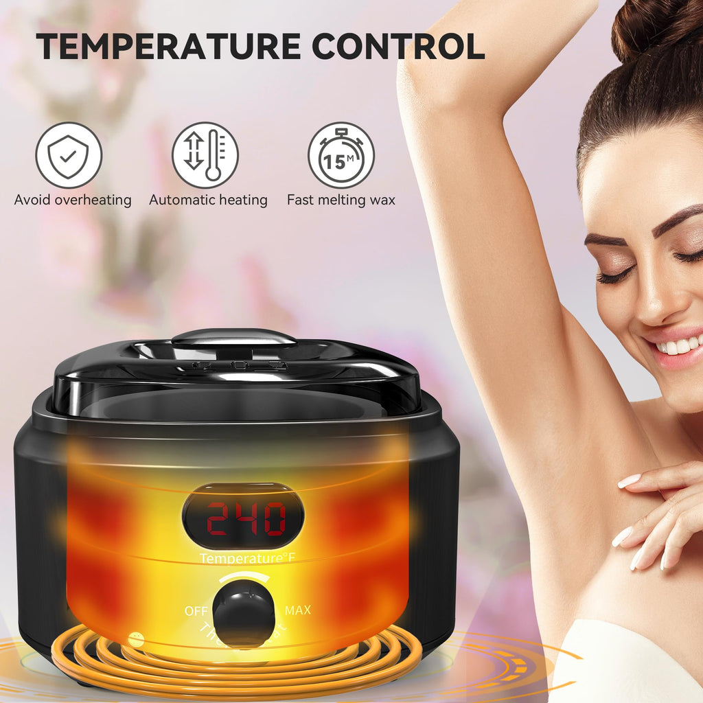 IYINIYI Waxing Kit for Women Men, Digital Wax Kit with Silicone Bowl & 4 Bags Hard Wax Beads, Portable Wax Warmer for Sensitive Skin Full Body Hair Removal, Brazilian Bikini, Eyebrow, Face (Black)