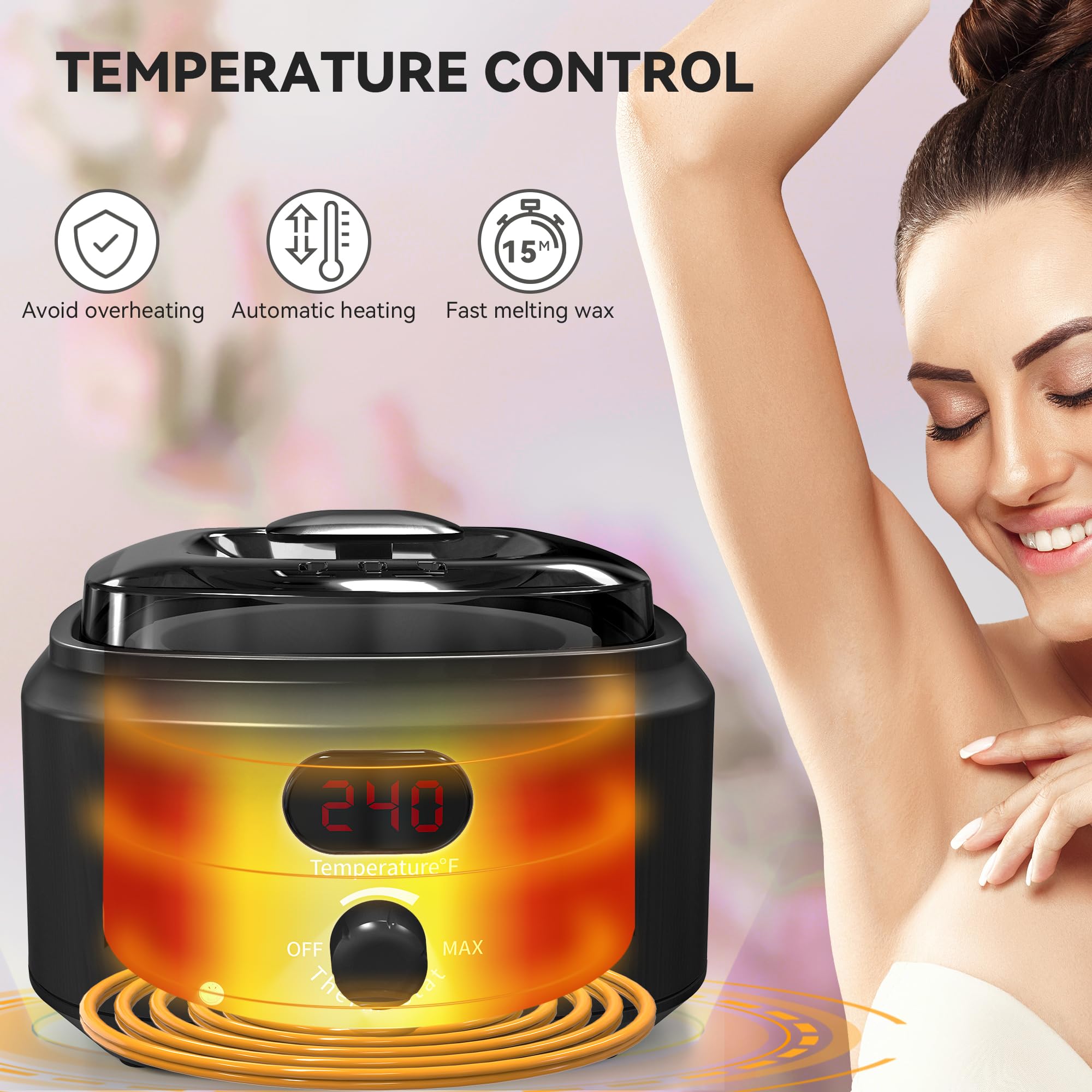 IYINIYI Waxing Kit for Women Men, Digital Wax Kit with Silicone Bowl & 4 Bags Hard Wax Beads, Portable Wax Warmer for Sensitive Skin Full Body Hair Removal, Brazilian Bikini, Eyebrow, Face (Black)
